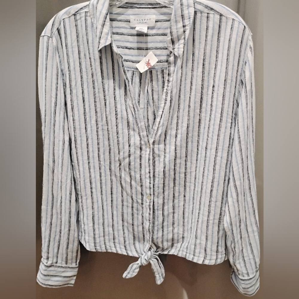 Calypso St Bsrth L/S White Striped Linen Button Down Overshirt M